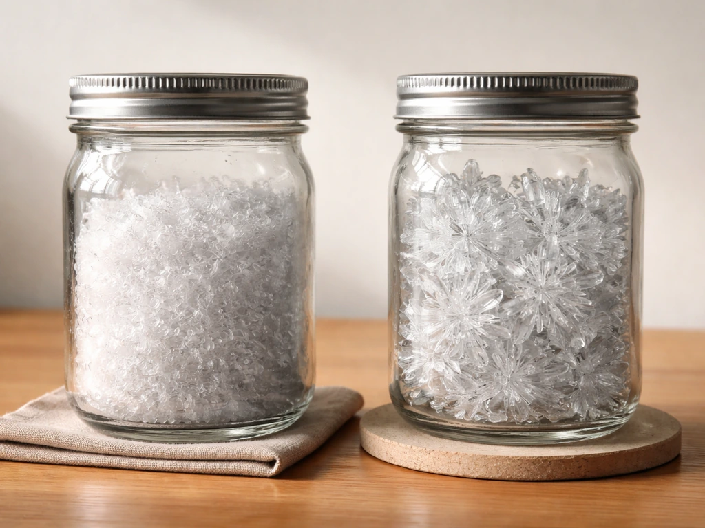 Close-up of a glass jar with frosty fuzzy crystals beside a jar with crisp defined crystals on a stable table