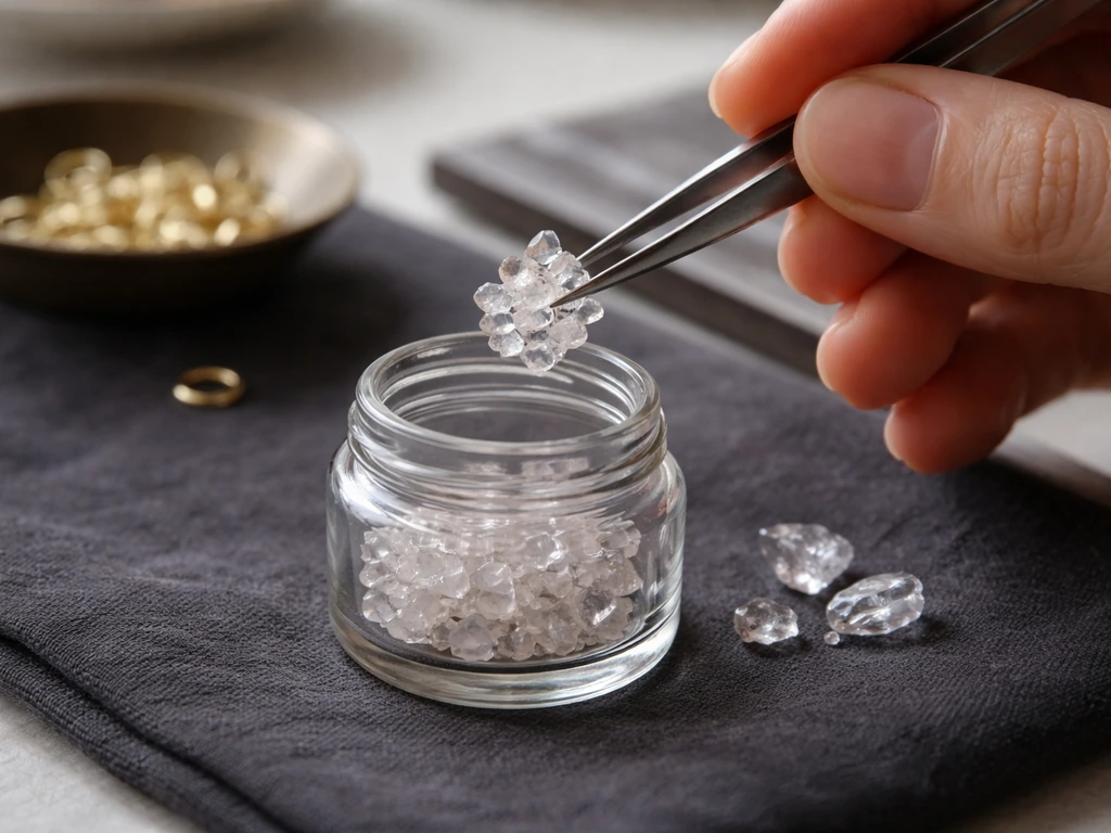 Hands lifting a clear crystal cluster with tweezers from a jar for jewelry assembly