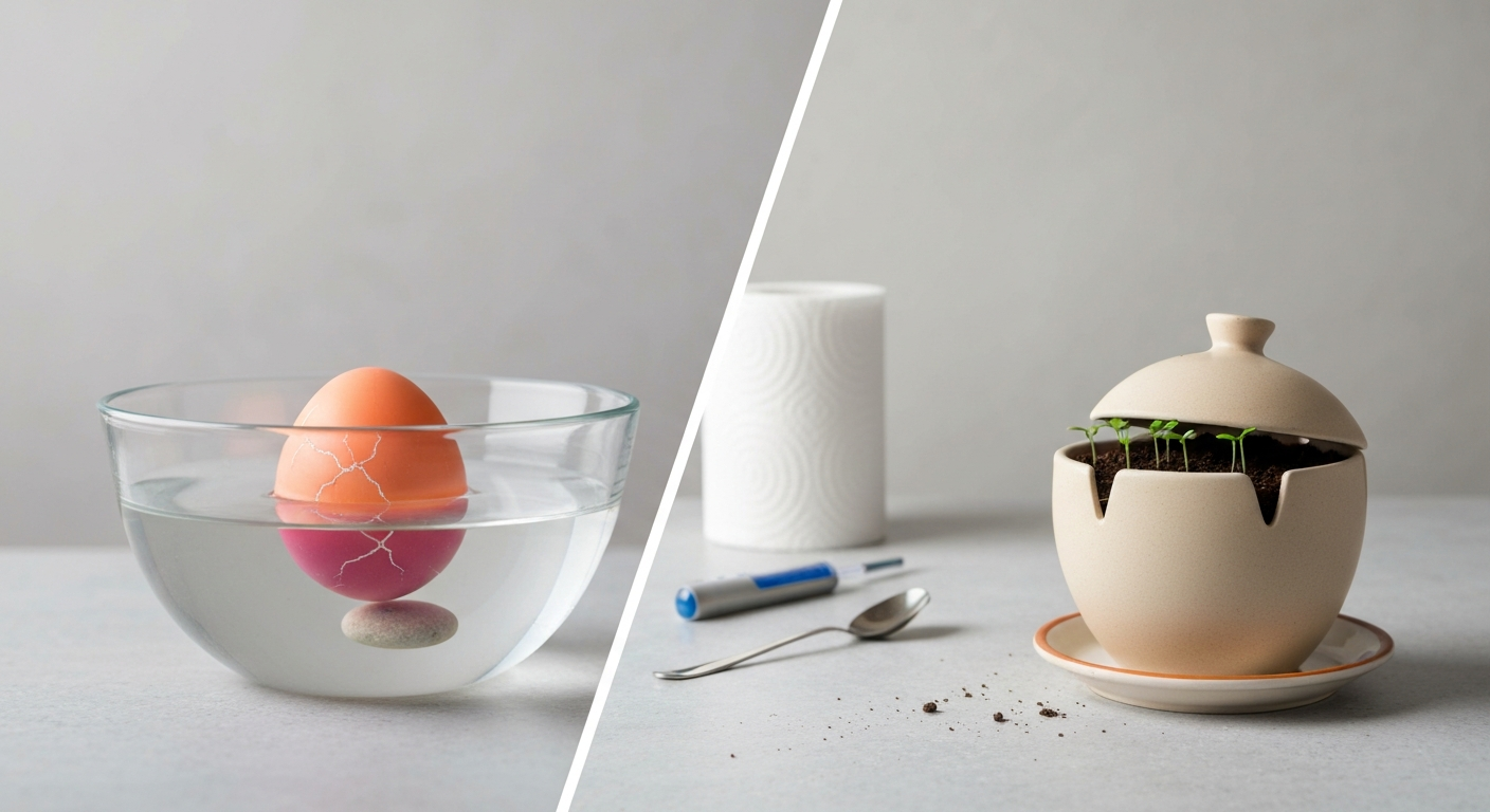 Side-by-side comparison: polymer grow egg submerged in water showing early cracking, and ceramic Eggling planter opened to reveal soil and seedlings.