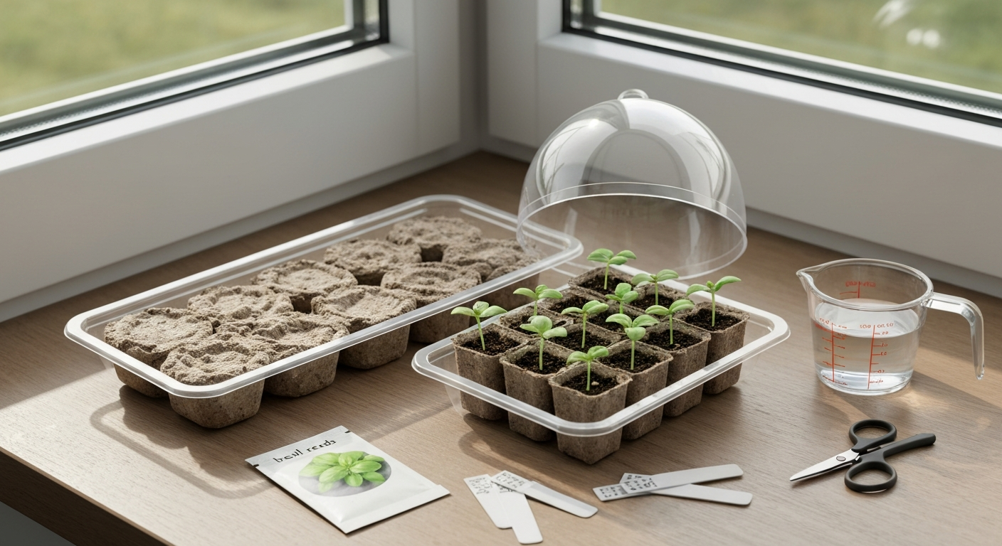Complete basil grow kit on a sunny windowsill: tray with peat pellets and soil pods, clear humidity dome, small basil seedlings, seed packet, measuring cup, and scissors.