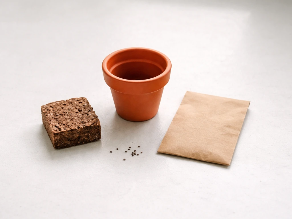 Mini terracotta pot, seed packet, and compressed growing medium from a forget-me-not kit laid out.