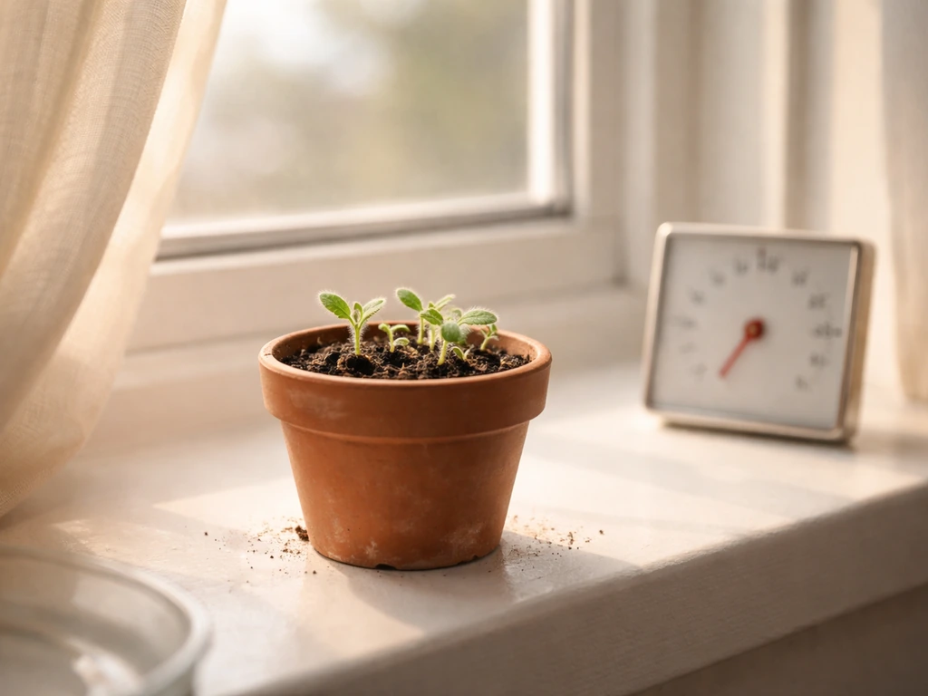 Mini pot of seedlings on a sunny windowsill with an analog thermometer and subtle airflow from a cracked window.