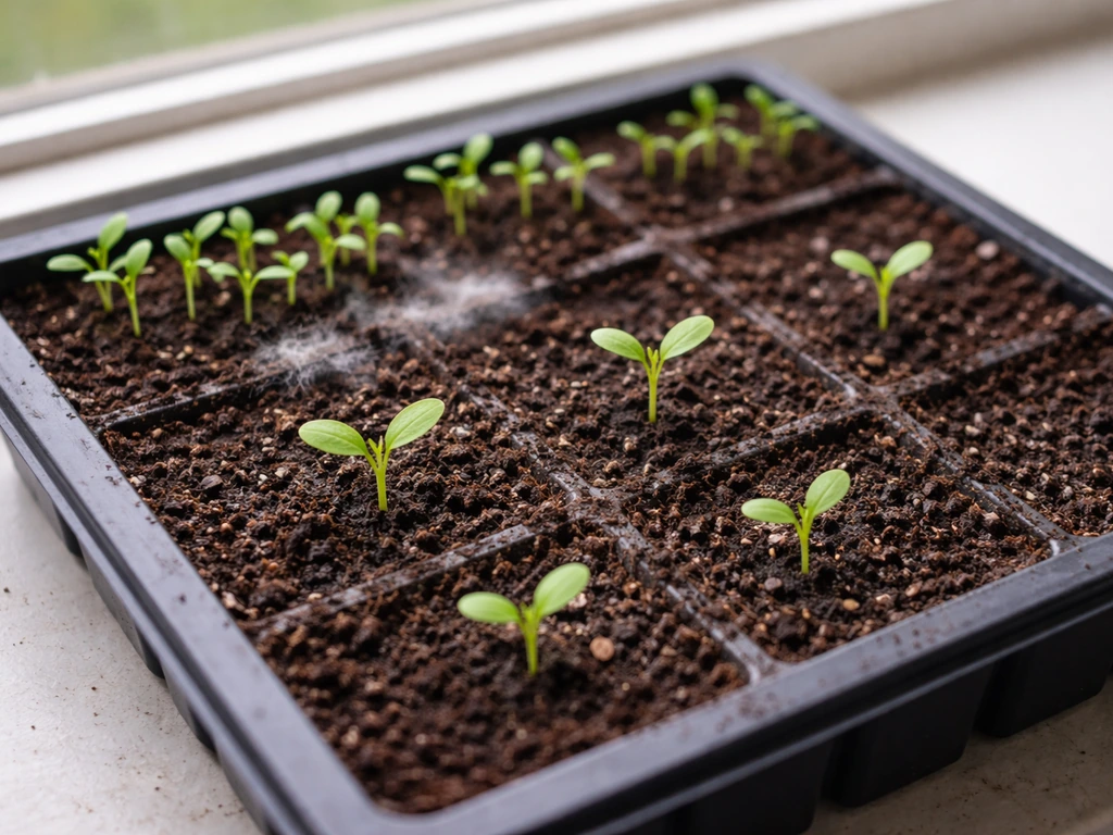 Seedling tray showing thinned, spaced seedlings with a small white fuzzy mold patch on moist soil.