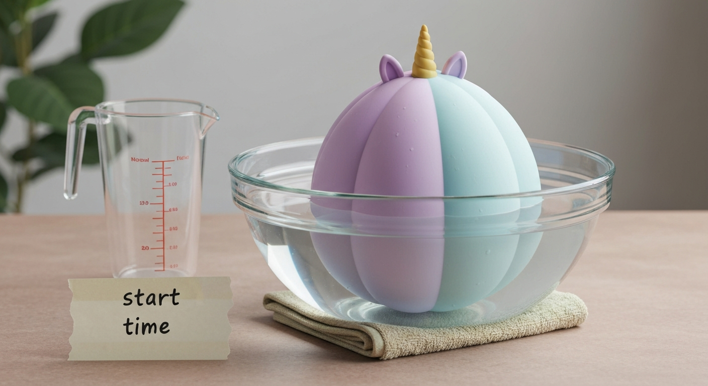Fully expanded pastel foam unicorn in a clear bowl of water on a towel, with a measuring jug and a taped start-time label visible.
