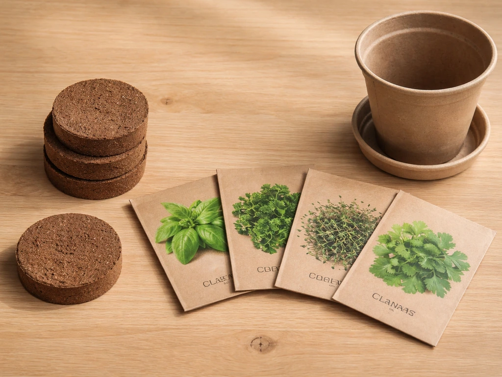 Top-down view of a seed starter kit with four soil discs and herb seed packets arranged for sowing
