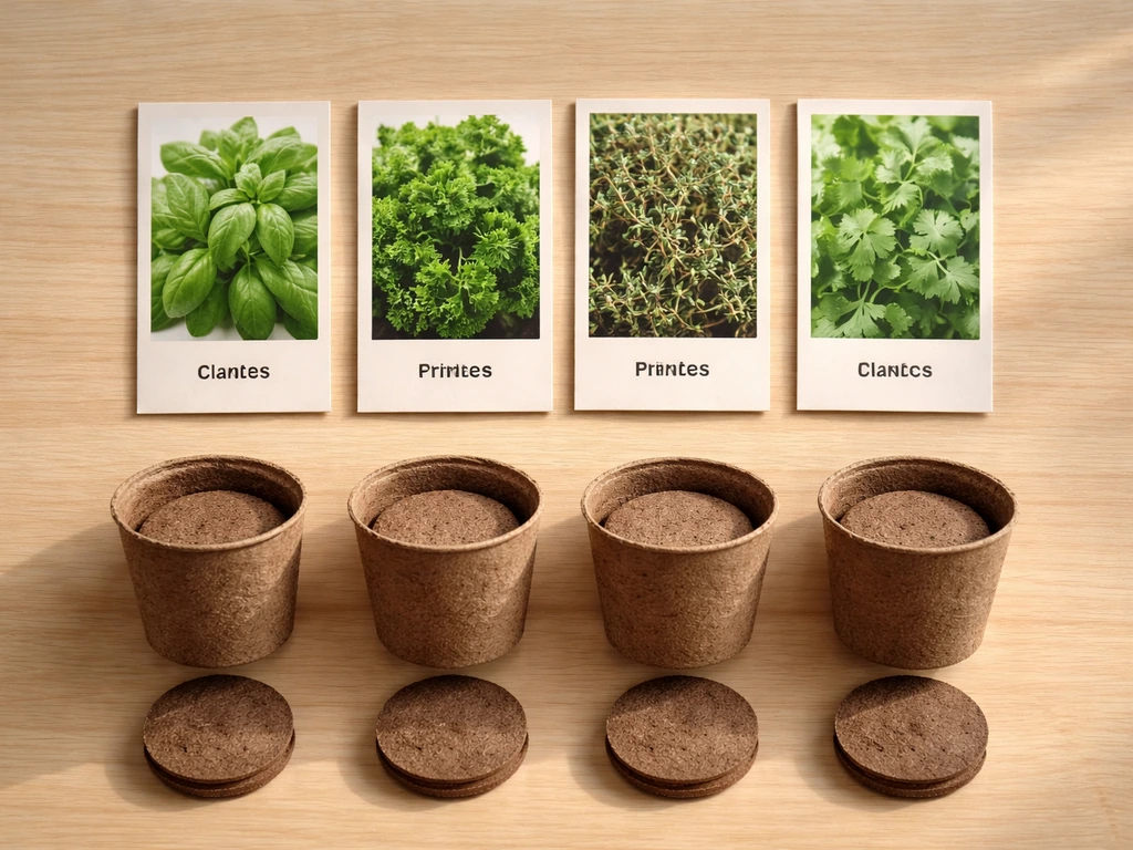 Four culinary herb seed packets arranged with four biodegradable soil pots/discs on a clean tabletop.