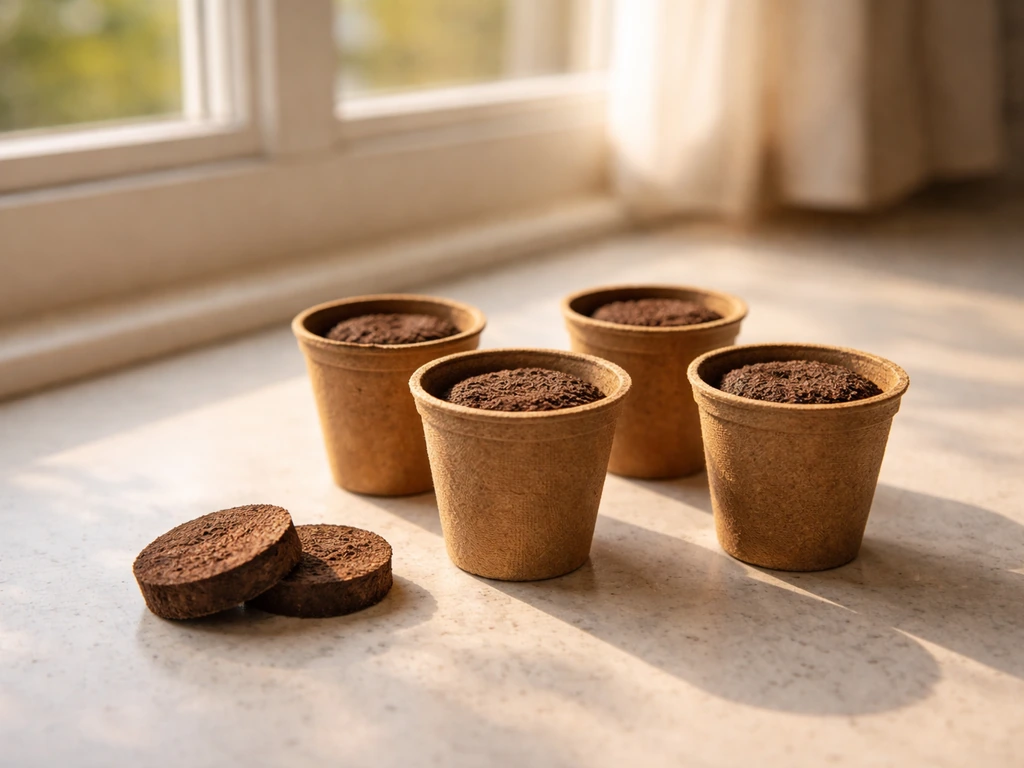 Sunlit windowsill with four biodegradable pots and soil discs ready for sowing