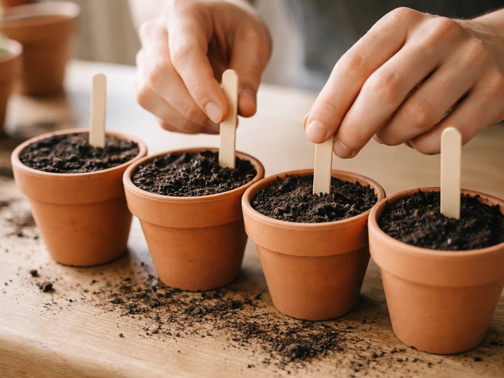 Hands press herb plant markers into terracotta pots of soil before sowing seeds.