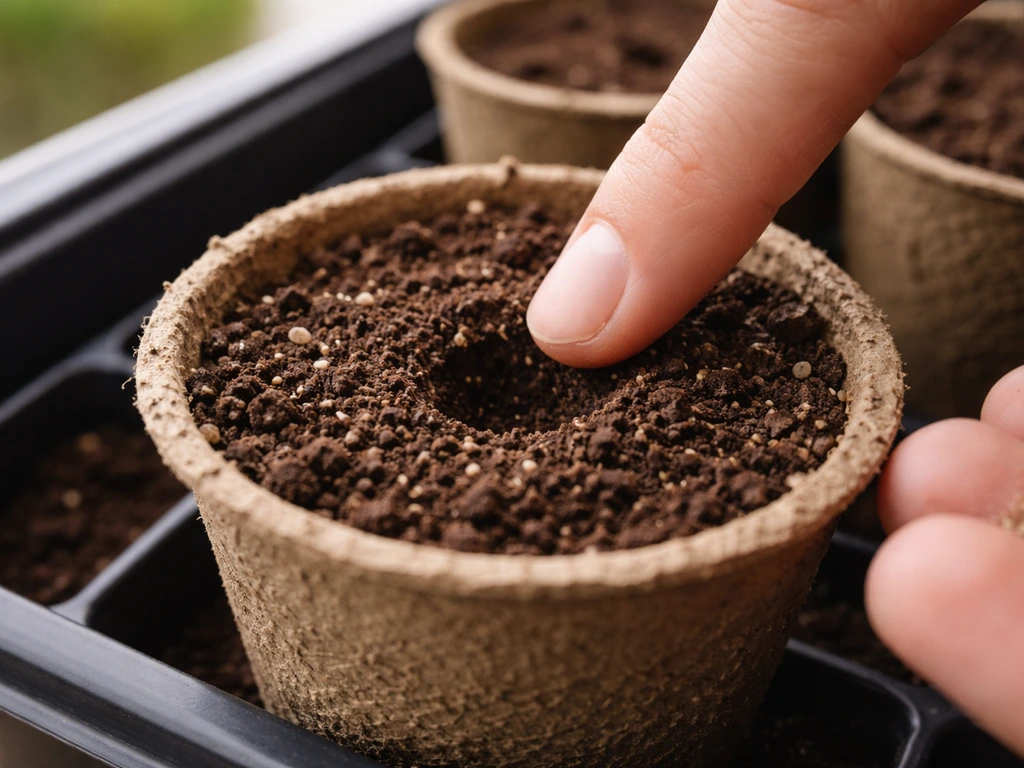 Close-up of a fingertip pressing a shallow 1/4-inch indent in a biodegradable pot for tiny herb seeds.