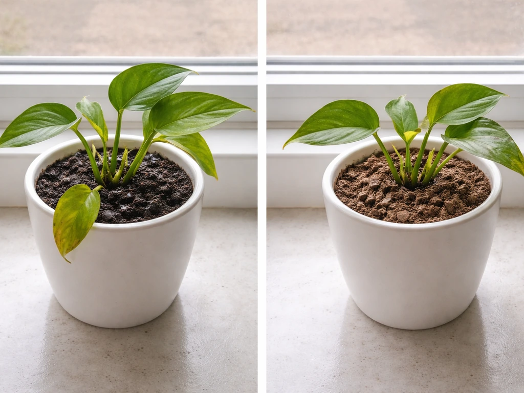 Two small plant pots side-by-side: left overly wet and yellowing, right dry with crispy leaf edges.