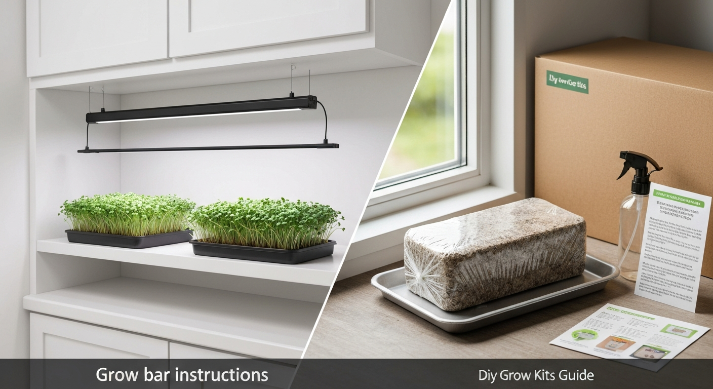 Split-scene: LED grow bar over a tray of microgreens on the left; boxed mushroom substrate block with spray bottle and instruction card on the right.