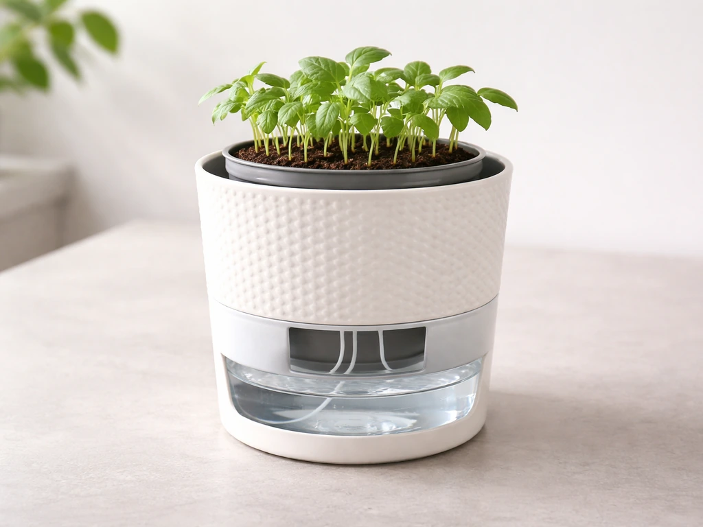 Self-watering wick-and-grow pot setup with seedlings and visible water level window in the reservoir.
