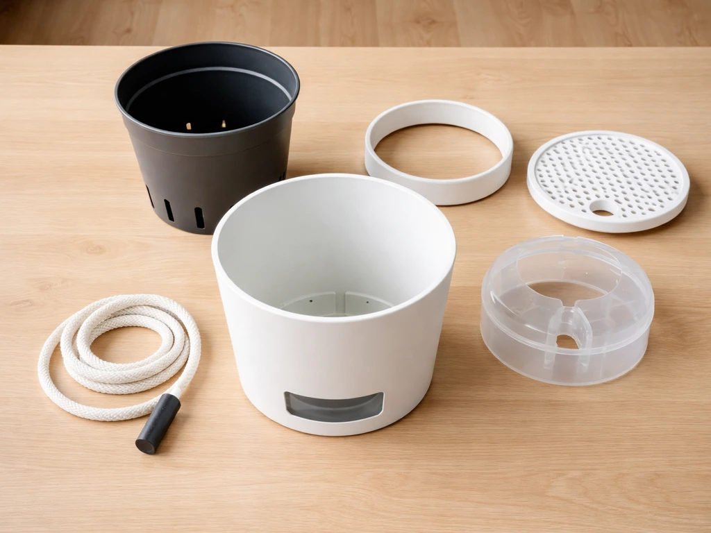 Top-down view of a Wick & Grow outer pot with inner components neatly laid out on a table.