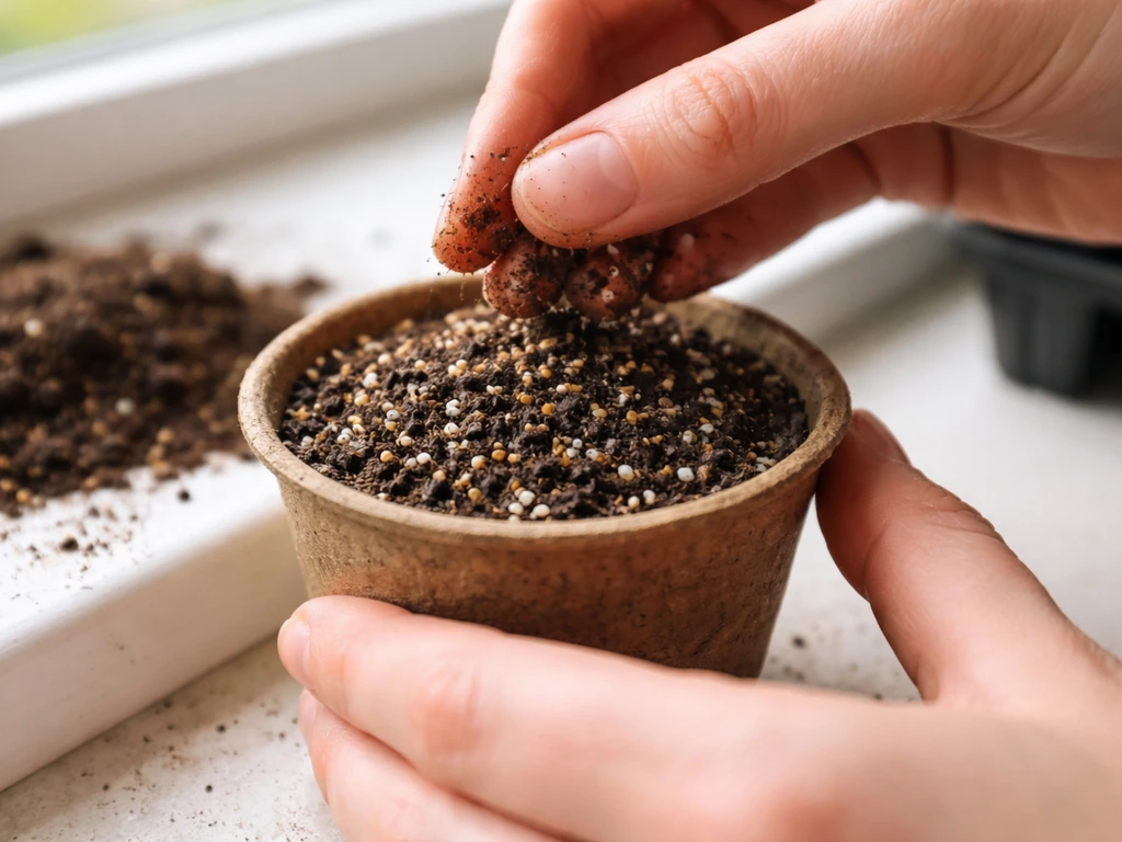 Hands filling a small grower pot with seed-starting mix, seeds sown and lightly covered indoors.