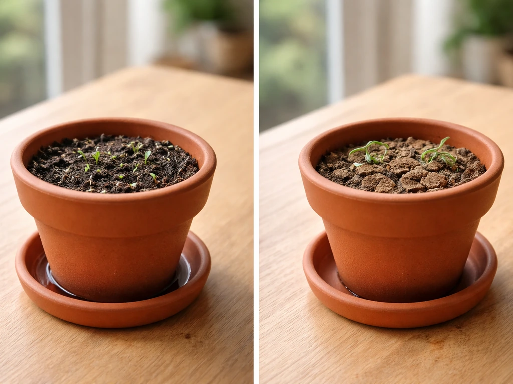 Two small garden pots side-by-side: one with moist dark soil, one with dry wilted-looking soil.
