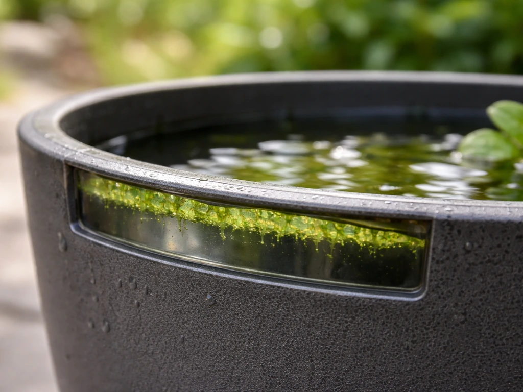 Green algae film on the inner rim and water surface of an outdoor reservoir pot area.