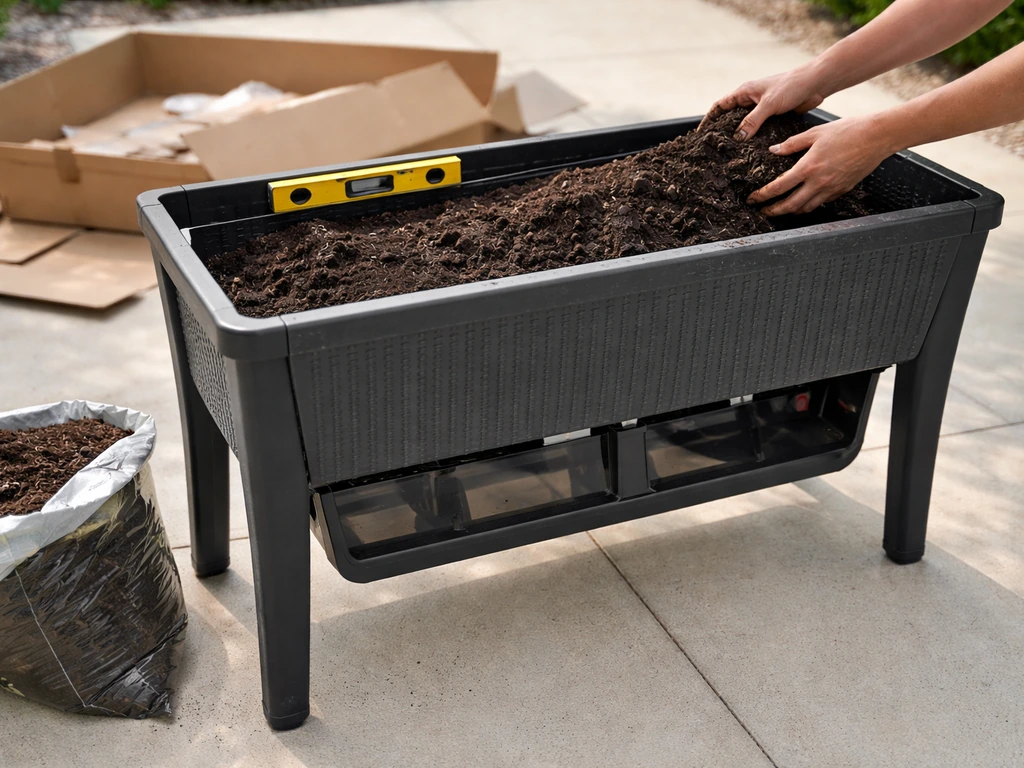 Hands assembling a Keter Easy Grow elevated bed on a patio with soil and visible self-watering reservoir area.