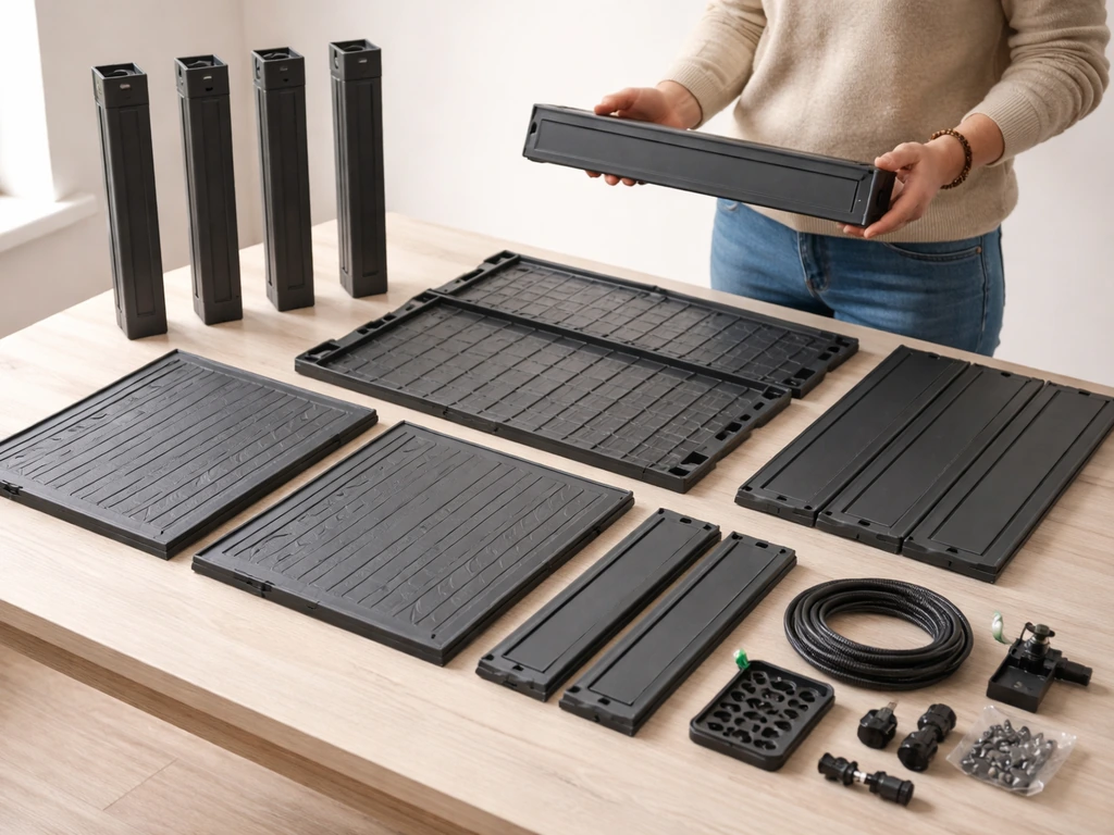 Unboxed Keter Easy Grow parts laid out neatly on a clean tabletop with frame and watering components visible.