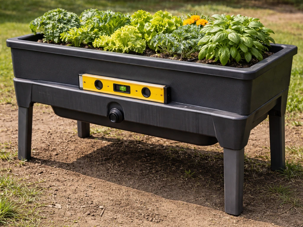 Outdoor elevated garden bed on the ground with a spirit level showing the base is level and the drainage outlet visible.