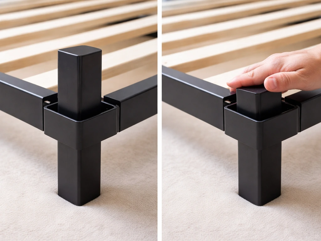 Close-up of a bed leg post being pressed into the basin corner to stop wobble