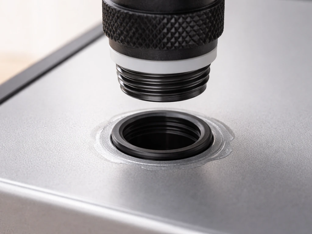Closeup of a drainage plug being aligned at a reservoir port with a snug seal, showing proper fit.