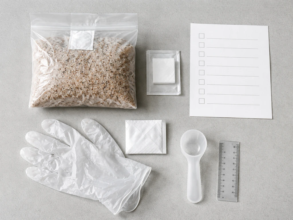 Overhead view of a mushroom grow kit items laid out beside a blank checklist sheet.