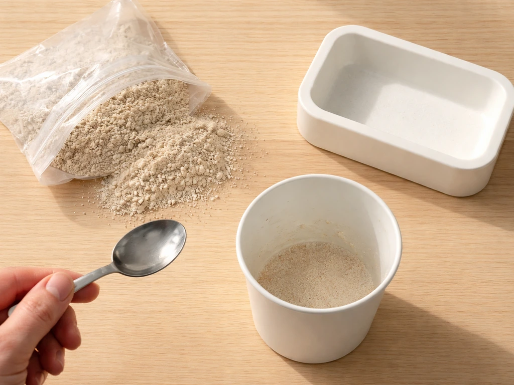 Top-down view of a mycelium GIY kit with spoon of water, dry substrate, mixing cup, and a mold