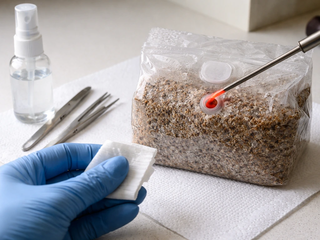 Gloved hands wipe with isopropyl alcohol while a sterile needle is prepped over a mushroom kit injection port.