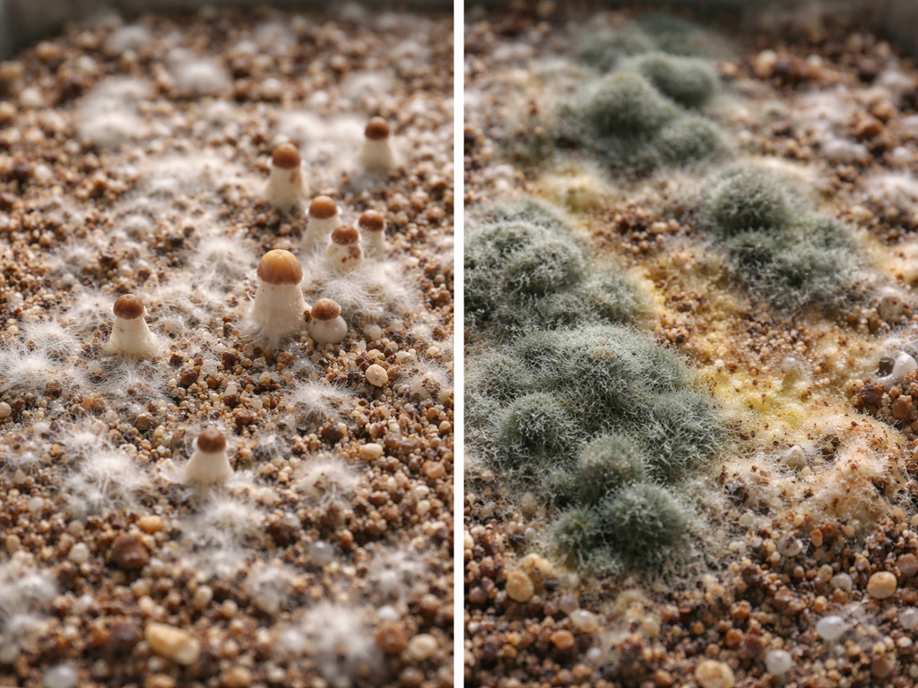 Split-view photo showing healthy mushroom substrate growth beside clearly contaminated moldy patches.