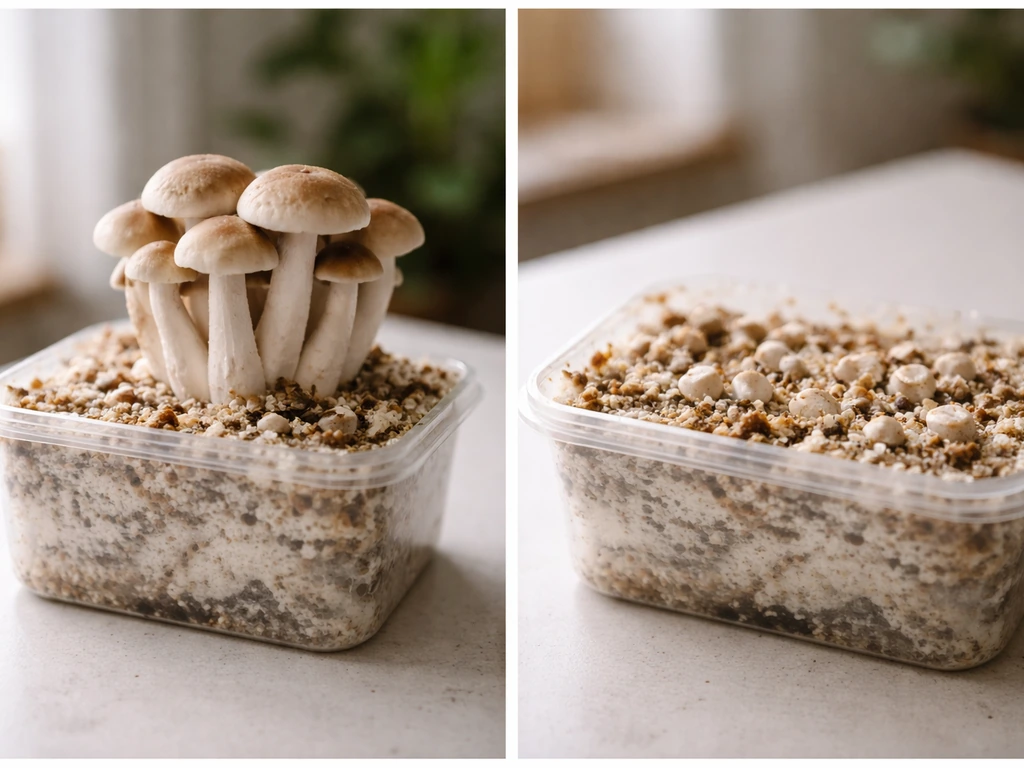 Fresh mushroom grow kit harvest: domed caps just before opening and a close-up of the neat finished area.