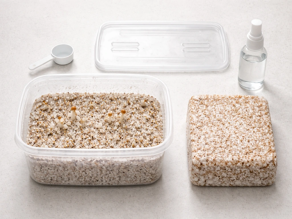 Top-down view of an assembled mondo grow kit with substrate block and accessories on a clean countertop.