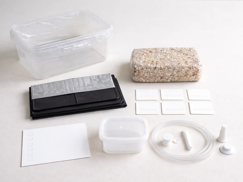 Mondo grow kit components laid out neatly on a clean surface, including filter patches and reservoir parts