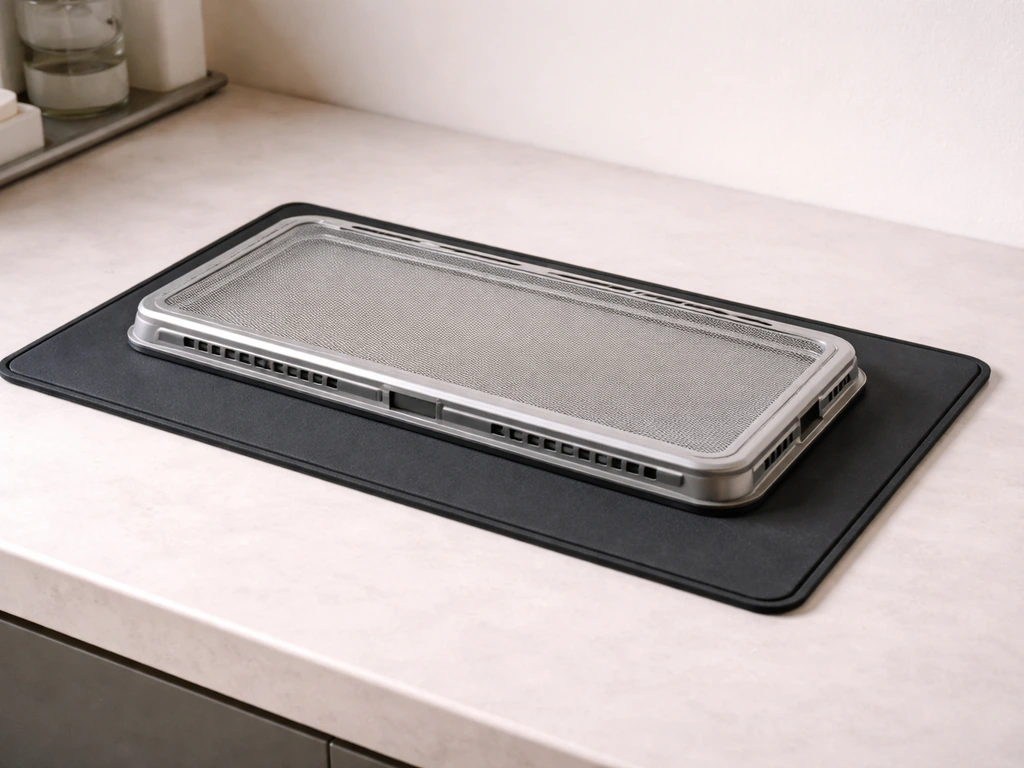 Heat mat laid flat on a surface with a heat guard positioned on top for a Mondotub setup.