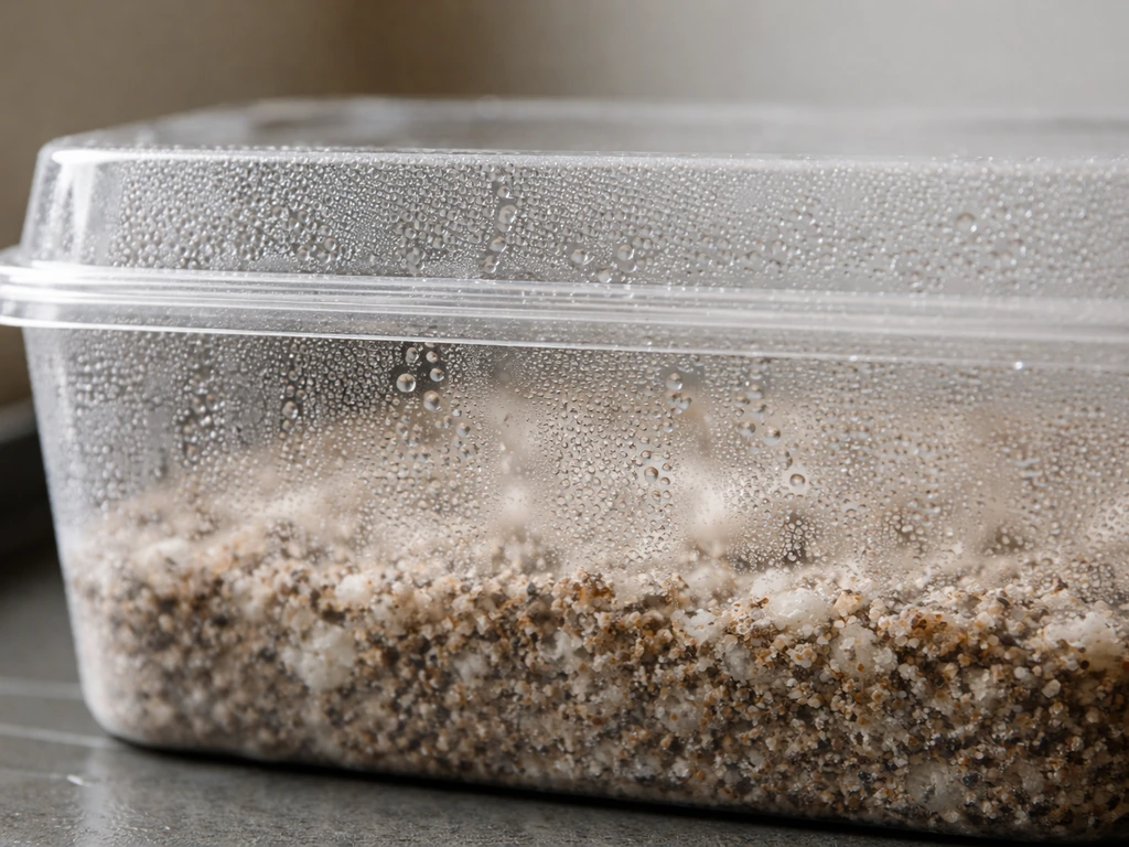 Close-up of a clear grow bag/tub showing early condensation droplets on the inner walls in a simple indoor setup.