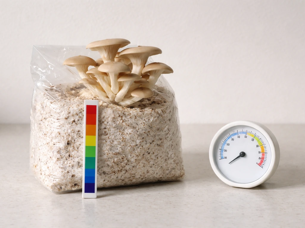 Thermometer strip and small thermometer beside a mushroom grow kit to check temperature range.