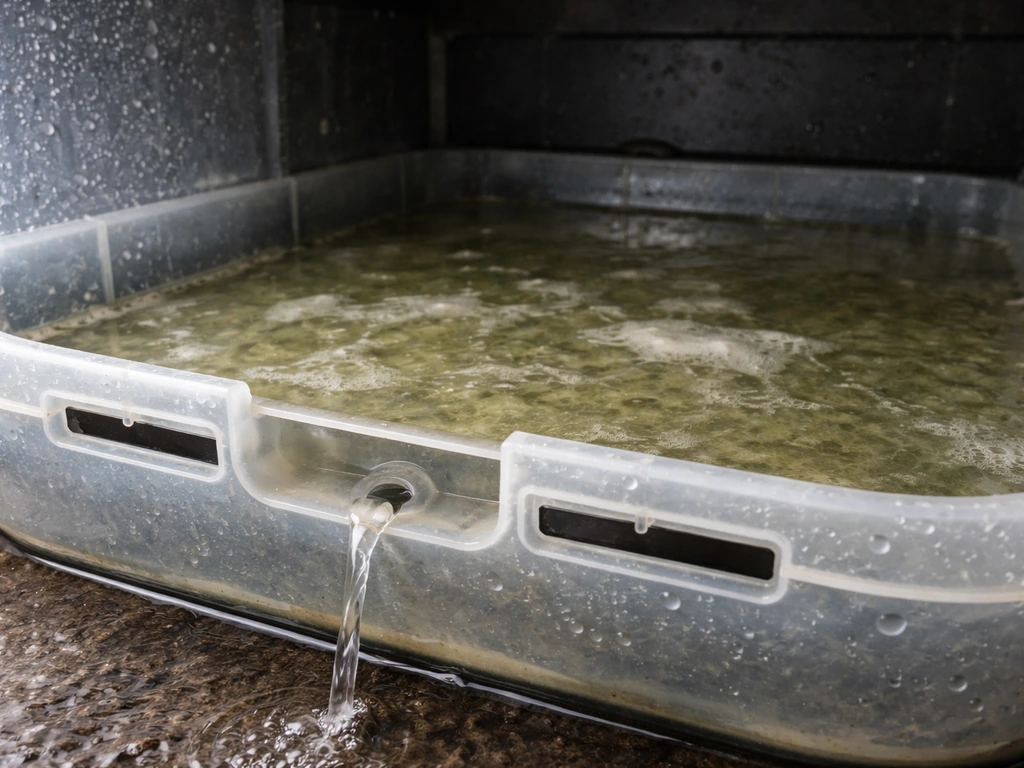 Close-up of cloudy, slightly slimy water in a small bottom reservoir during mushroom system draining