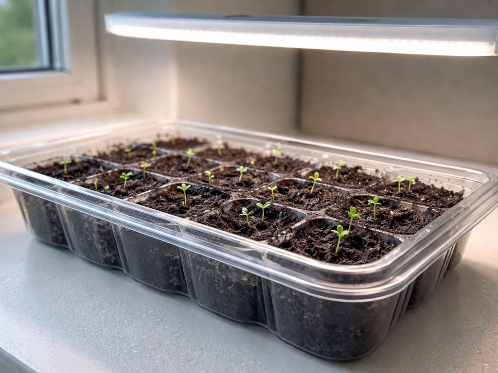 Lavender seedlings emerging in a grow kit tray under bright grow light in a clean sunny setup