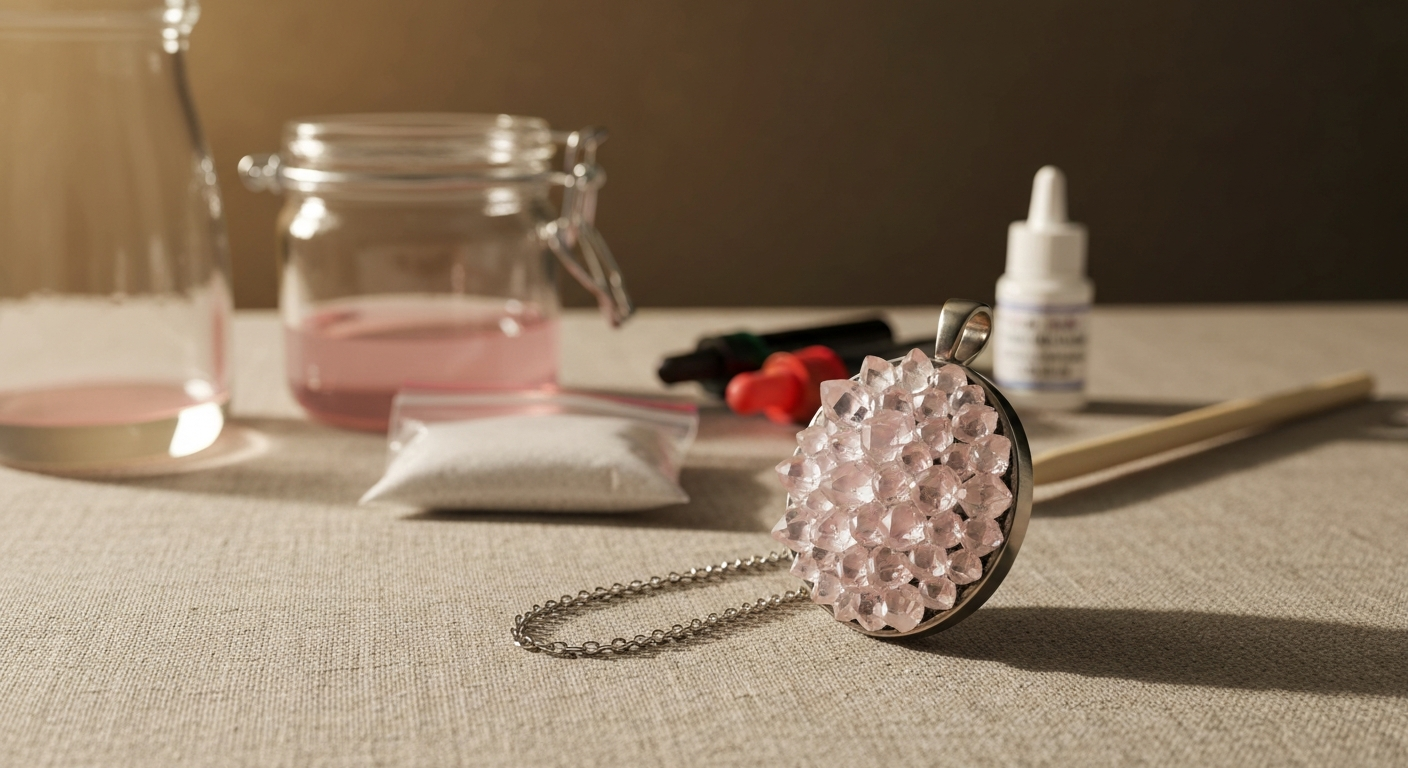 Close-up of a finished crystal-covered pendant on a chain with crystal-growing kit tools softly blurred in the background, showing sparkling faceted crystals and kit components.