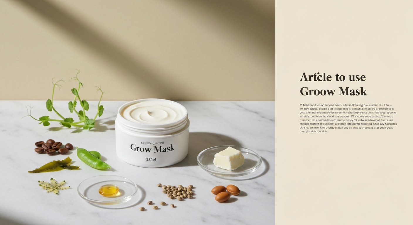Open tub of Grow Mask with creamy texture and surrounding botanical ingredients (coffee beans, pea sprout, seaweed, hemp seeds) on a marble surface.