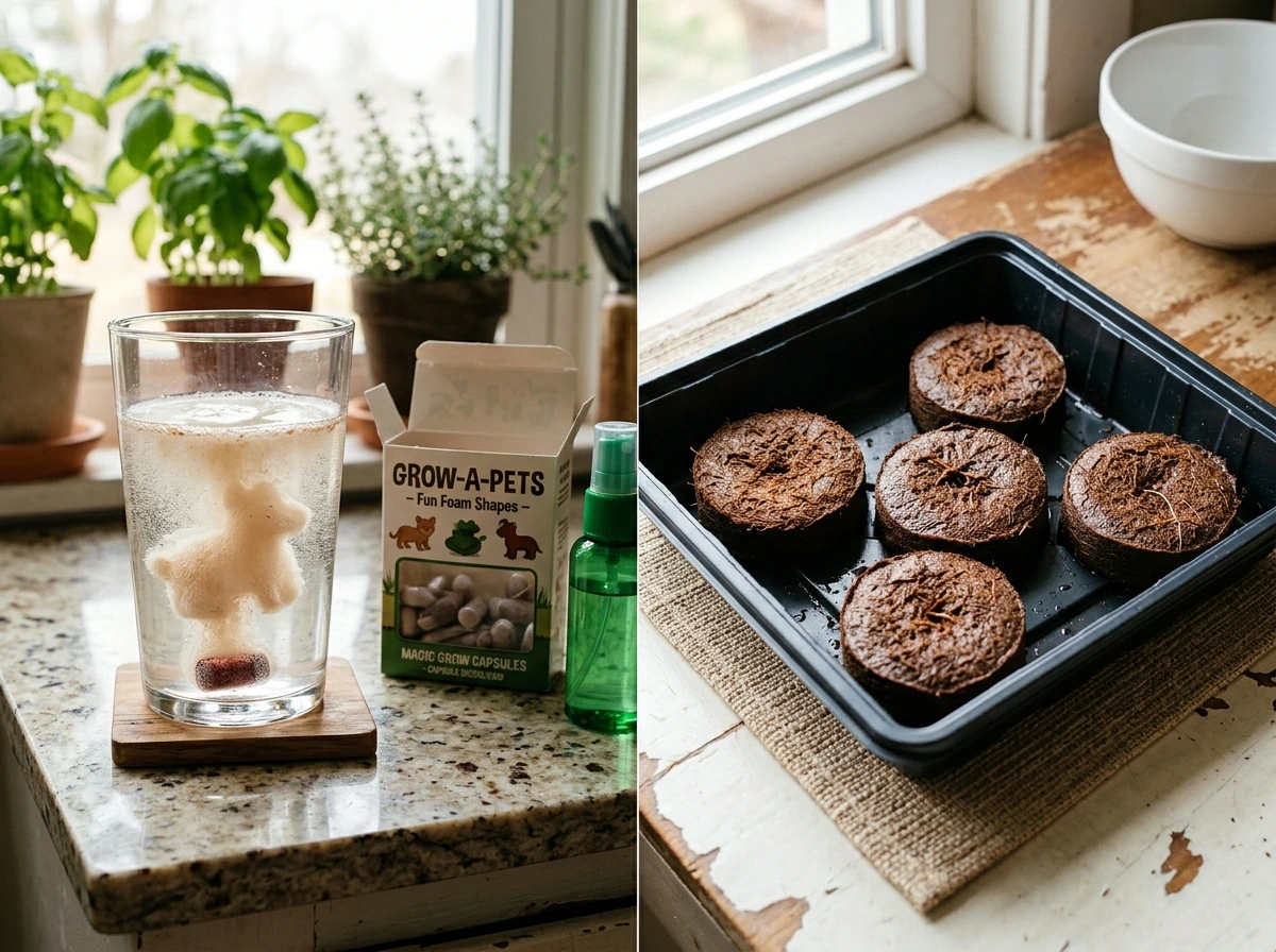 Magic Grow capsule kit setup showing toy foam dissolving and plant coir discs expanding side by side.