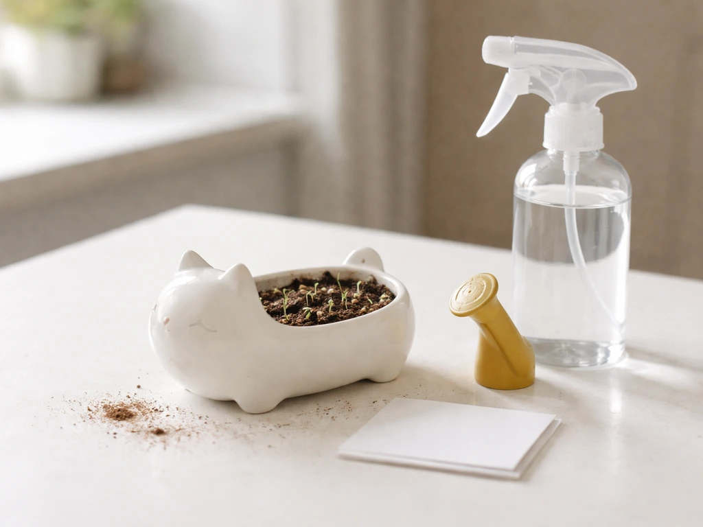 Animal-shaped planter grow kit on a countertop with seed medium and a blank instruction card nearby.