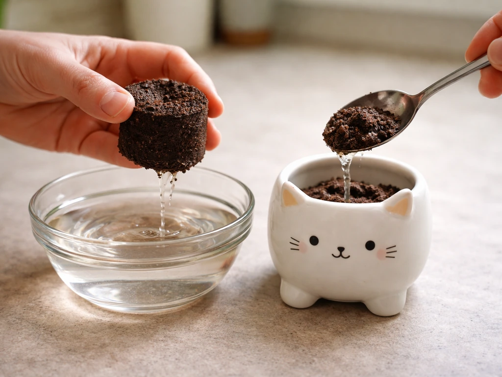 Hands rehydrate a compressed plant pellet in a bowl, then pour expanded medium into a small animal planter