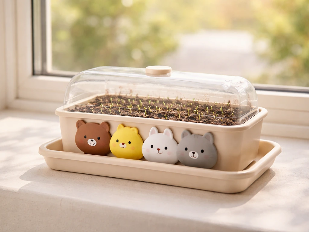 Animal-themed seed planter on a sunny windowsill with optional clear dome for warm germination.