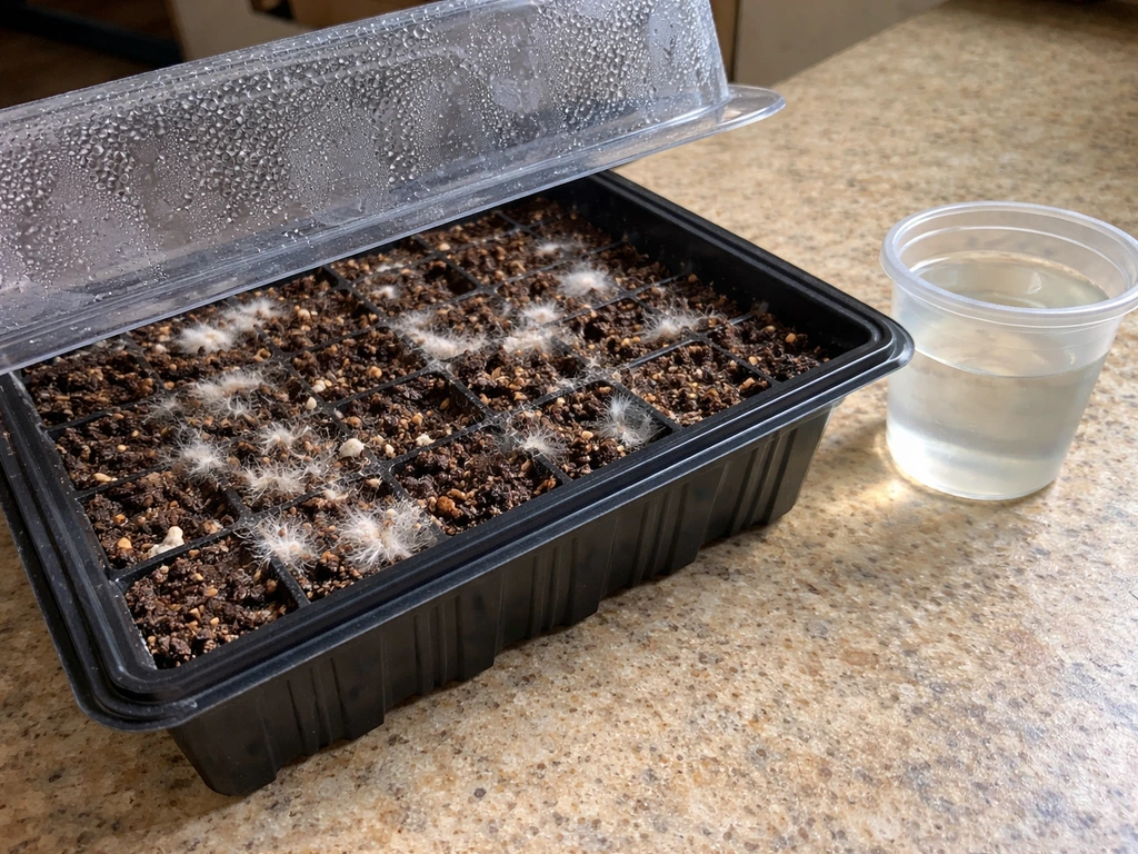 Seed tray soil surface with white fuzz/mold and a clear cover lifted for airflow.