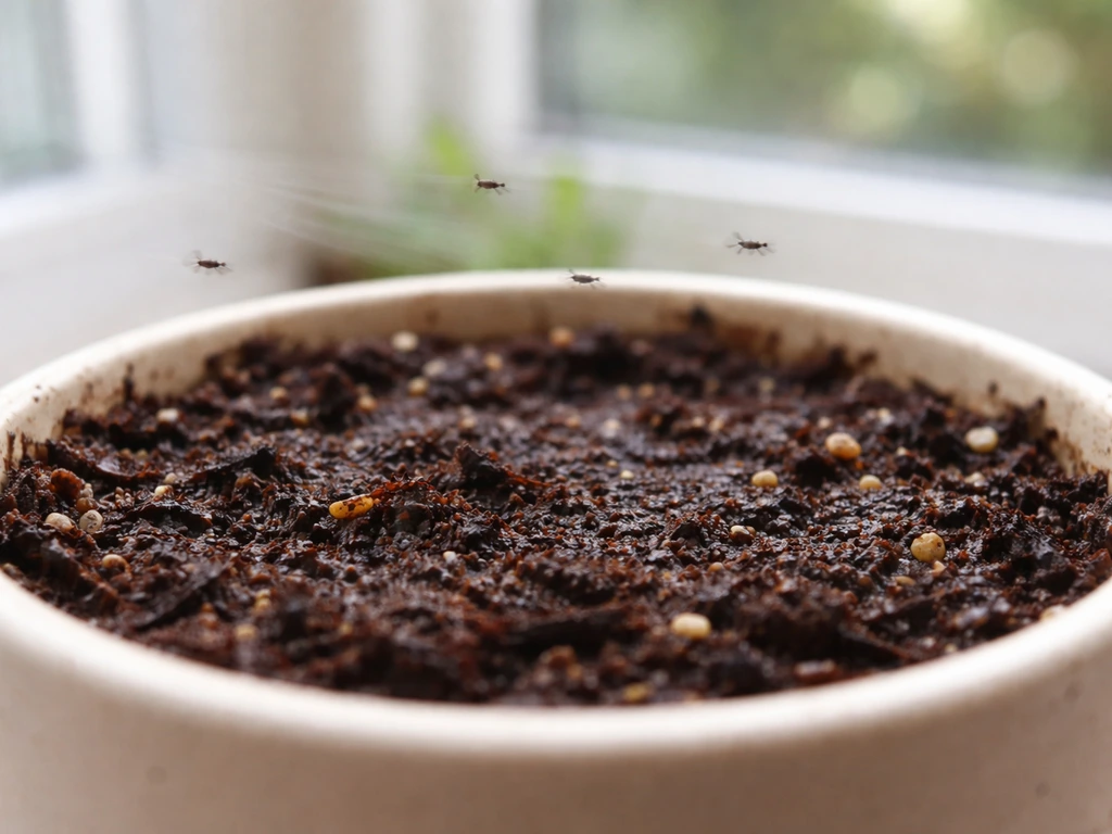 Close-up of moist potting soil top layer with a few tiny fungus gnats hovering above it.