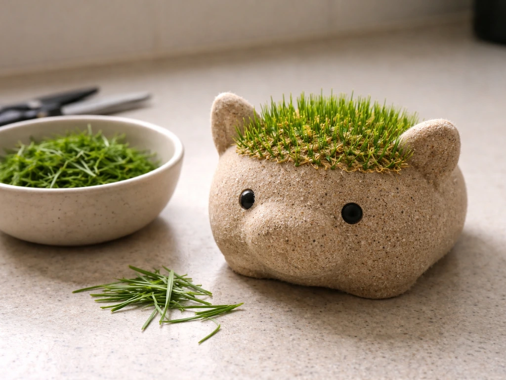 Close-up of a grass-style planter with remaining growth and a small container of freshly cut clippings.
