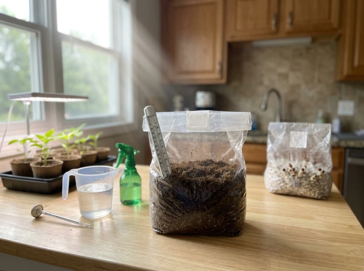 Assorted Magic Grow bag setup with seedlings, mushroom pins, and care tools under bright light