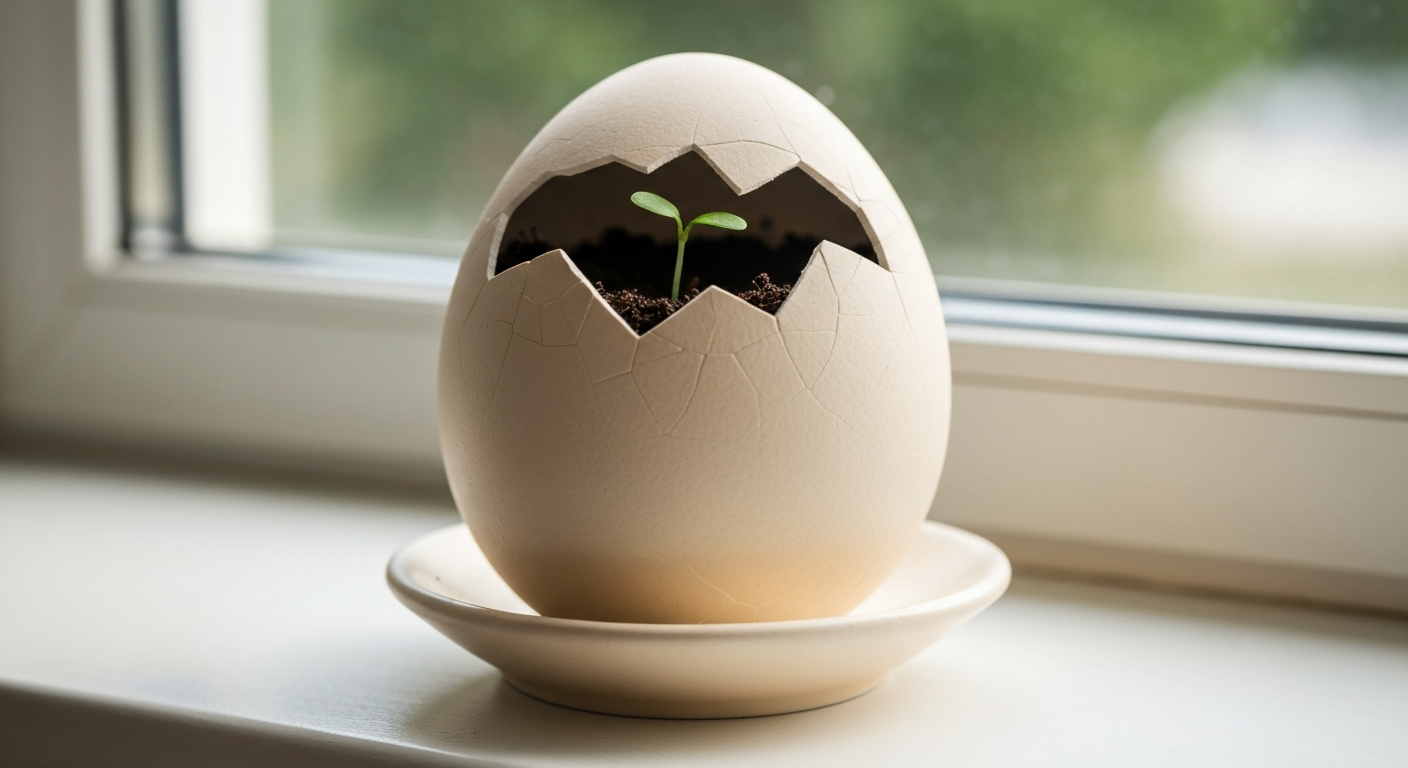Cracked ceramic egg planter on a saucer with moist soil and a small green seedling emerging on a bright windowsill.