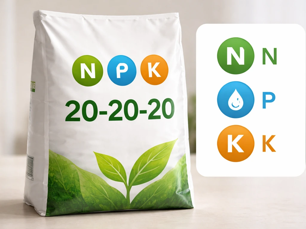 Close-up of a fertilizer bag label showing N-P-K values and three simple nutrient symbols.