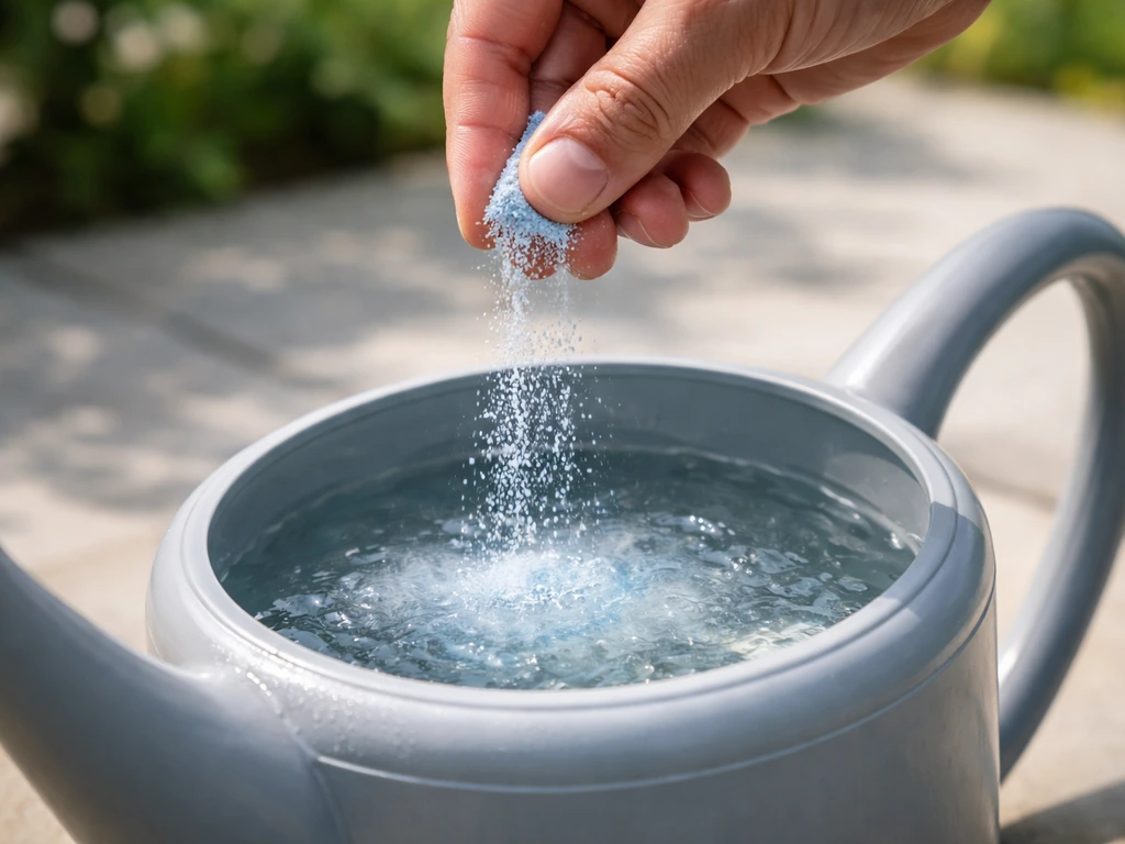 Close-up of a watering can and spoon as granular fertilizer dissolves into water, preventing clumps.